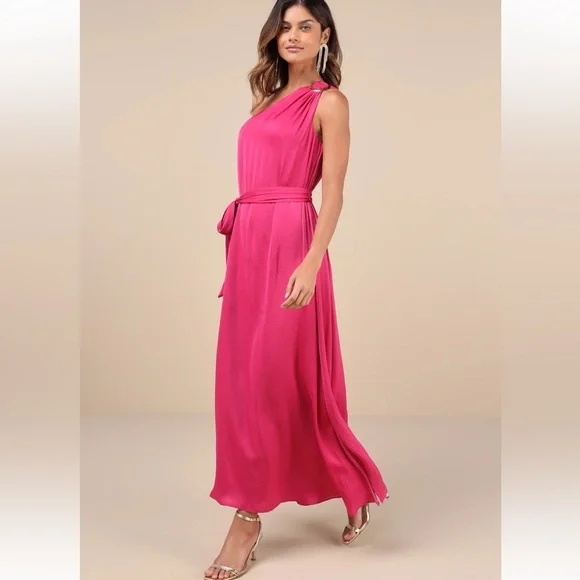 Lulu's Goddess Aura Fuchsia One-Shoulder Maxi Dress - Picture 11 of 12